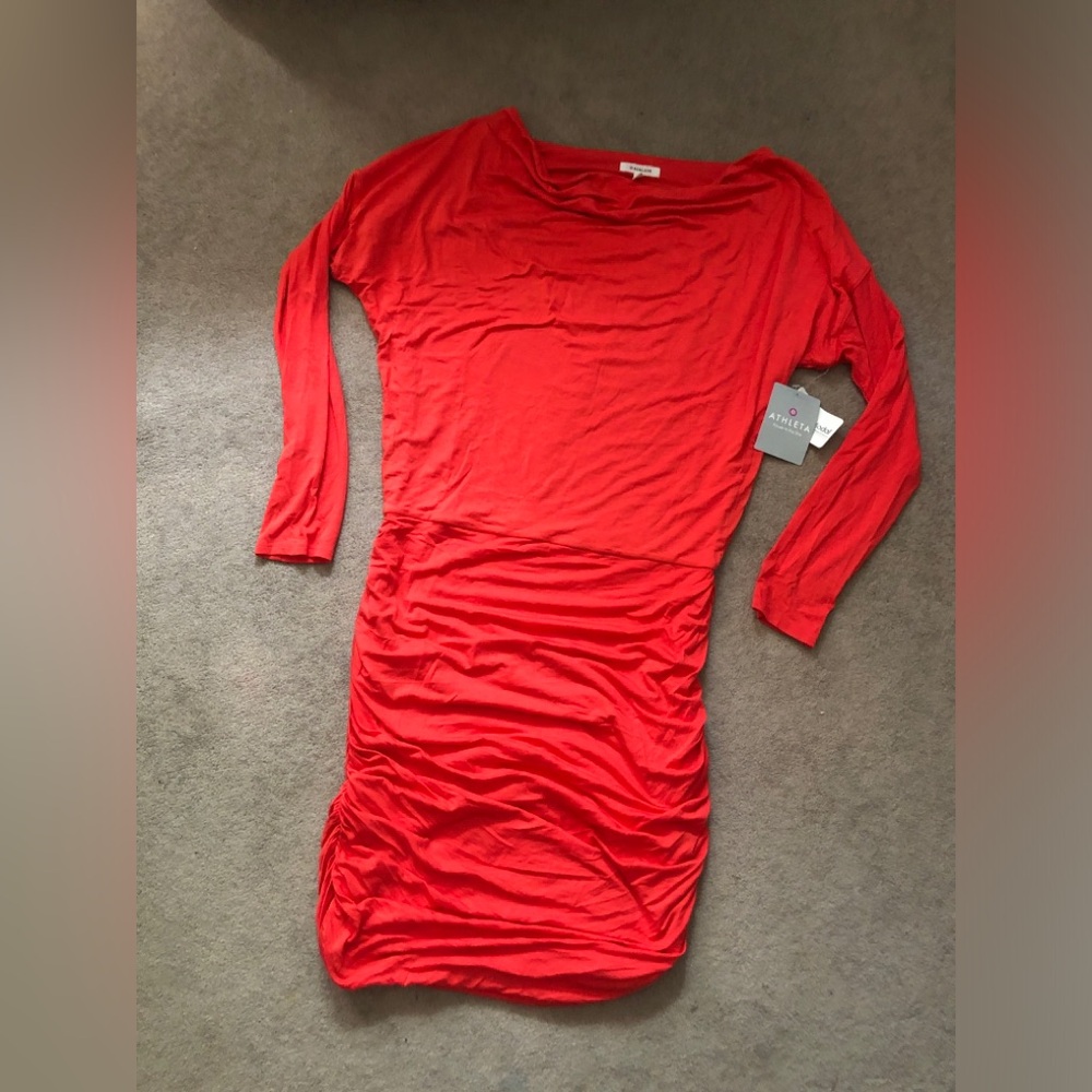 ATHLETA Womens Solstice Ruched Stretch Dress Size Large Fire Orange Long Sleeve